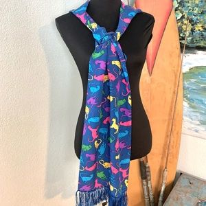 🐈Museum of Fine Arts Boston, Blue, Fringe, Colorful Cats, 100% Silk Scarf